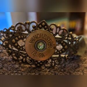 Handmade Brass Filigree Bracelet with 12 GA Winchester Shotgun Shell Accent